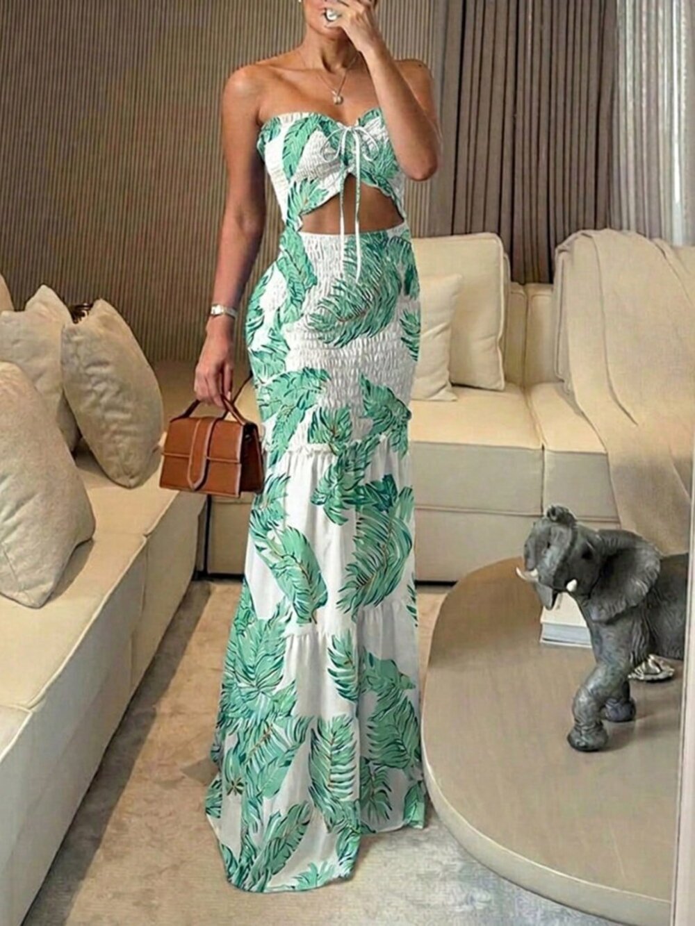Green Cute Women's Tropical Plant Print Tube Dress Waist Cinch Mermaid Hem - Picture 3 of 4